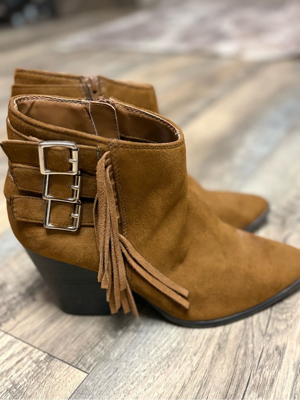 Jennifer Lopez Suede Fringe Buckle Ankle Boots - Brown